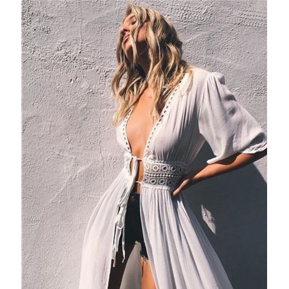 Boho White Chiffon Crochet Waist Maxi Coverup - Picture 4 of 16